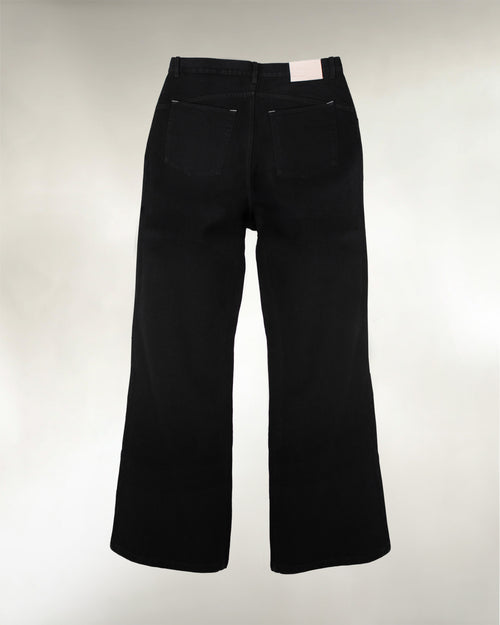Men's black bootcut denim jeans, back view