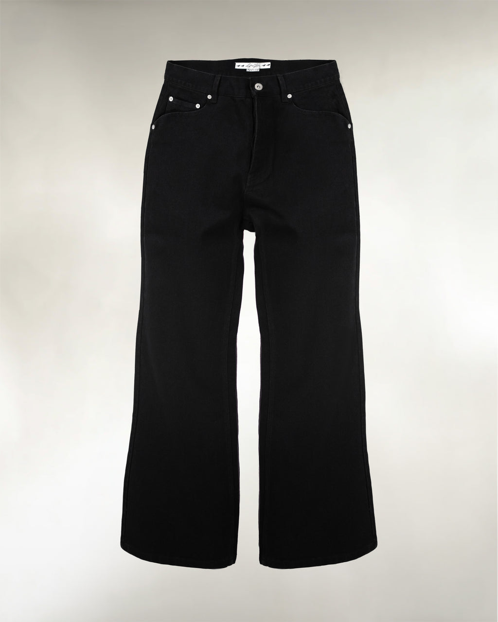 Men's black bootcut denim jeans, front view