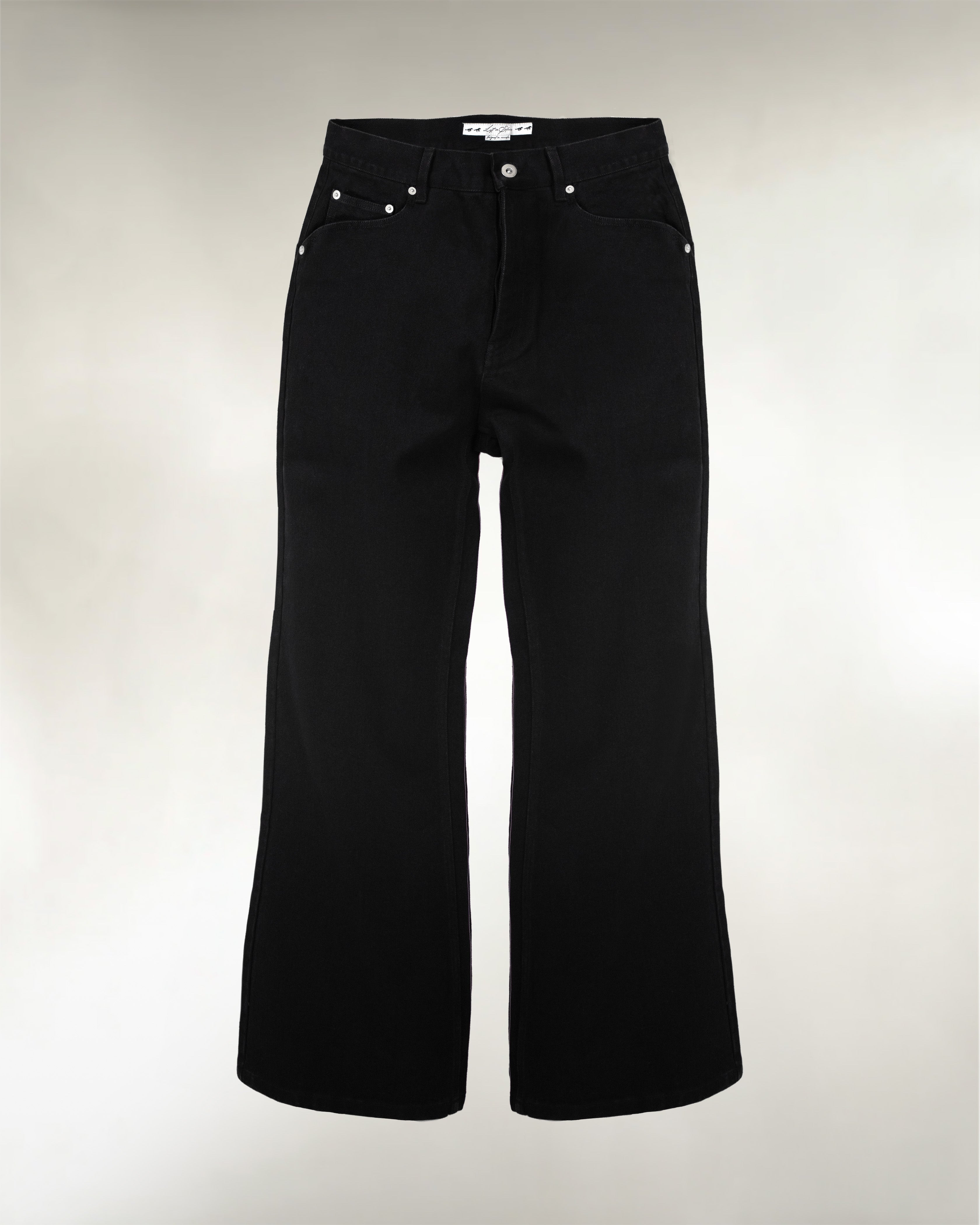 Men's black bootcut denim jeans, front view