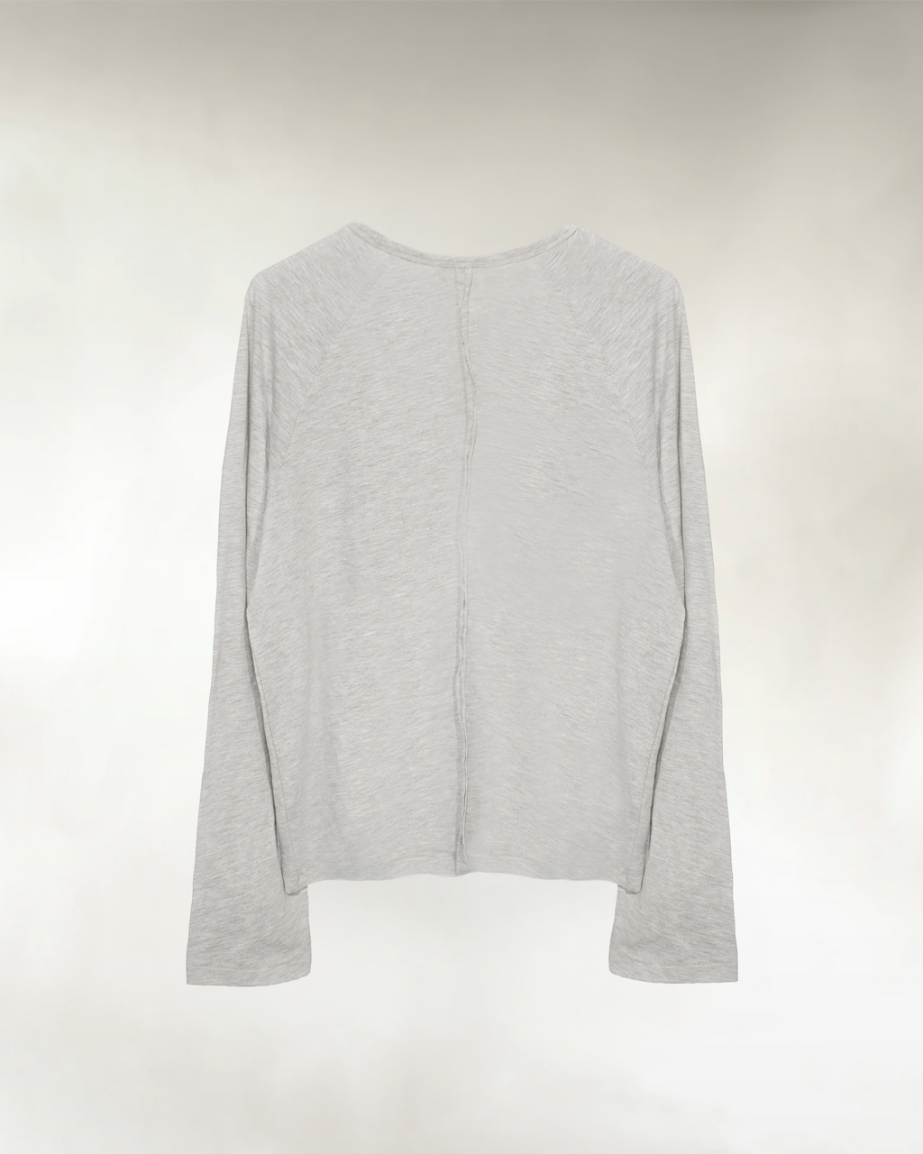 Men's grey slub cotton raglan shirt, back view with raw seam