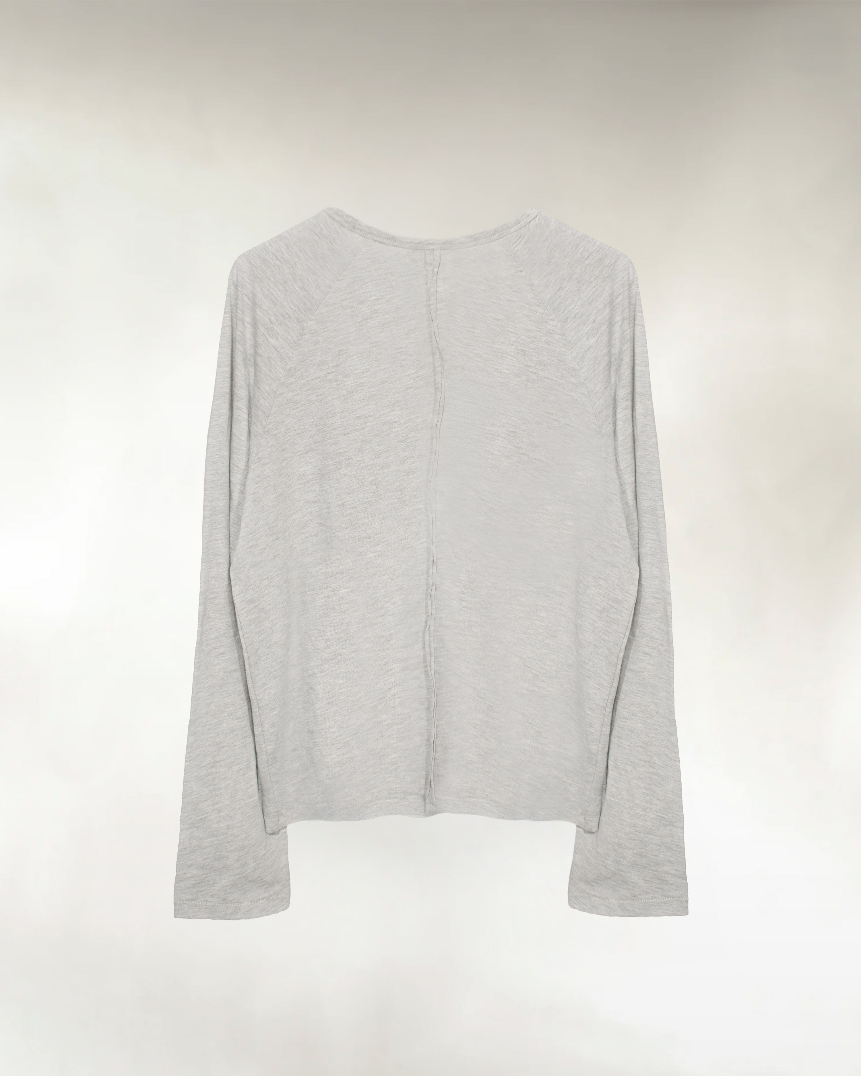 Men's grey slub cotton raglan shirt, back view with raw seam