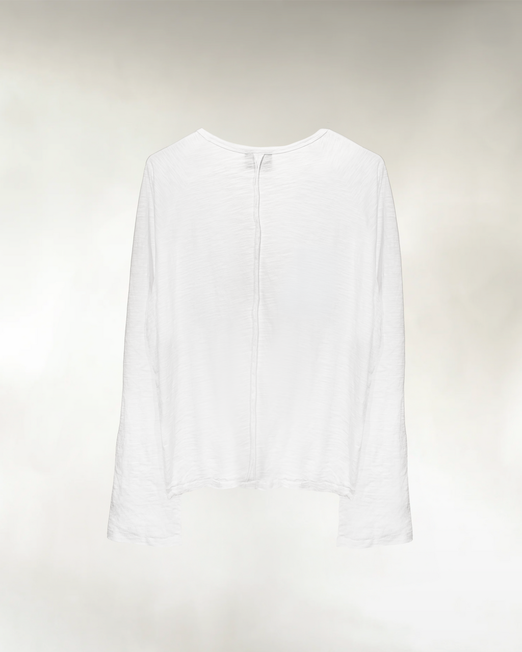 Men's white slub cotton raglan shirt, back view with raw seam