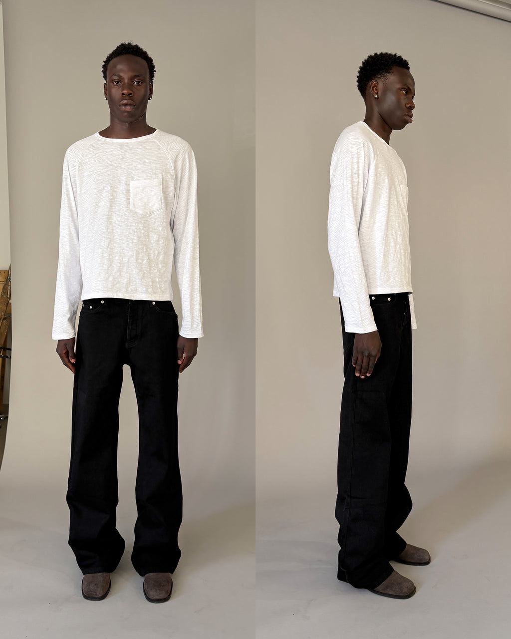 Men's white slub cotton raglan shirt, full body view