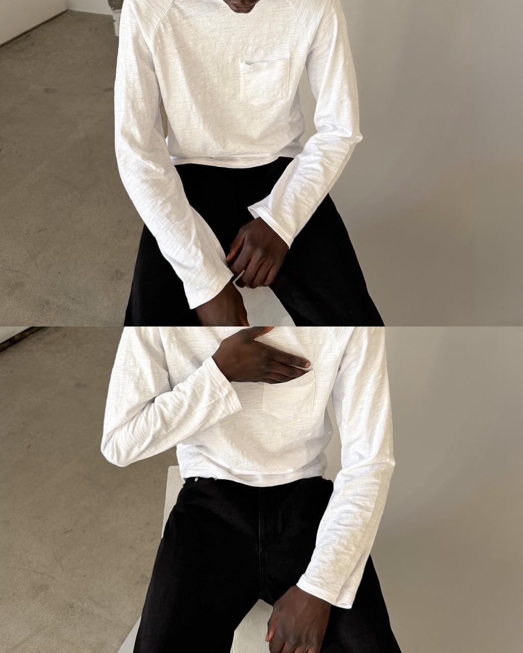 Men's white slub cotton raglan shirt, seated view