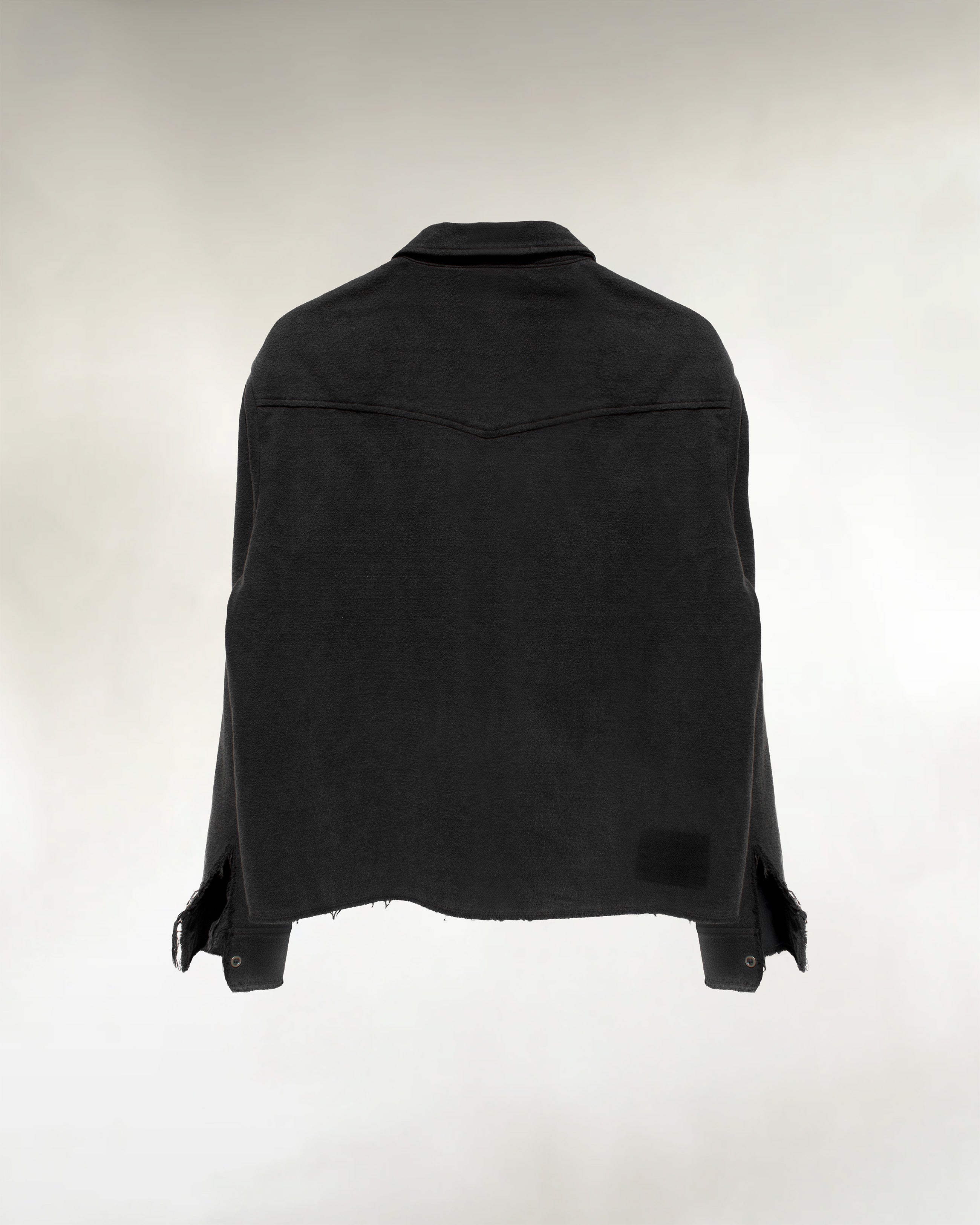 Men's vintage wash button-up shirt, back view with faded patch