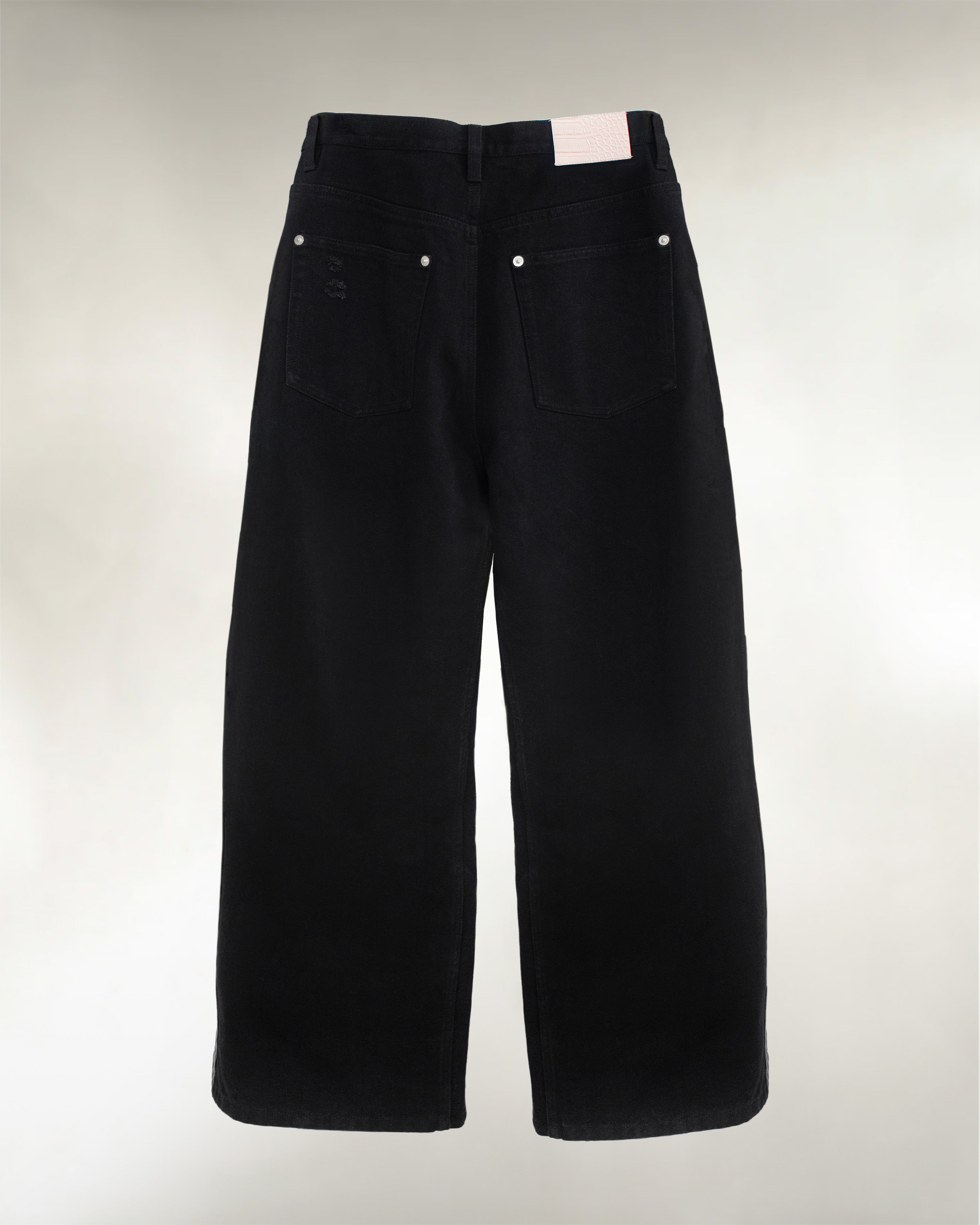 Men's black wide leg denim jeans, back view