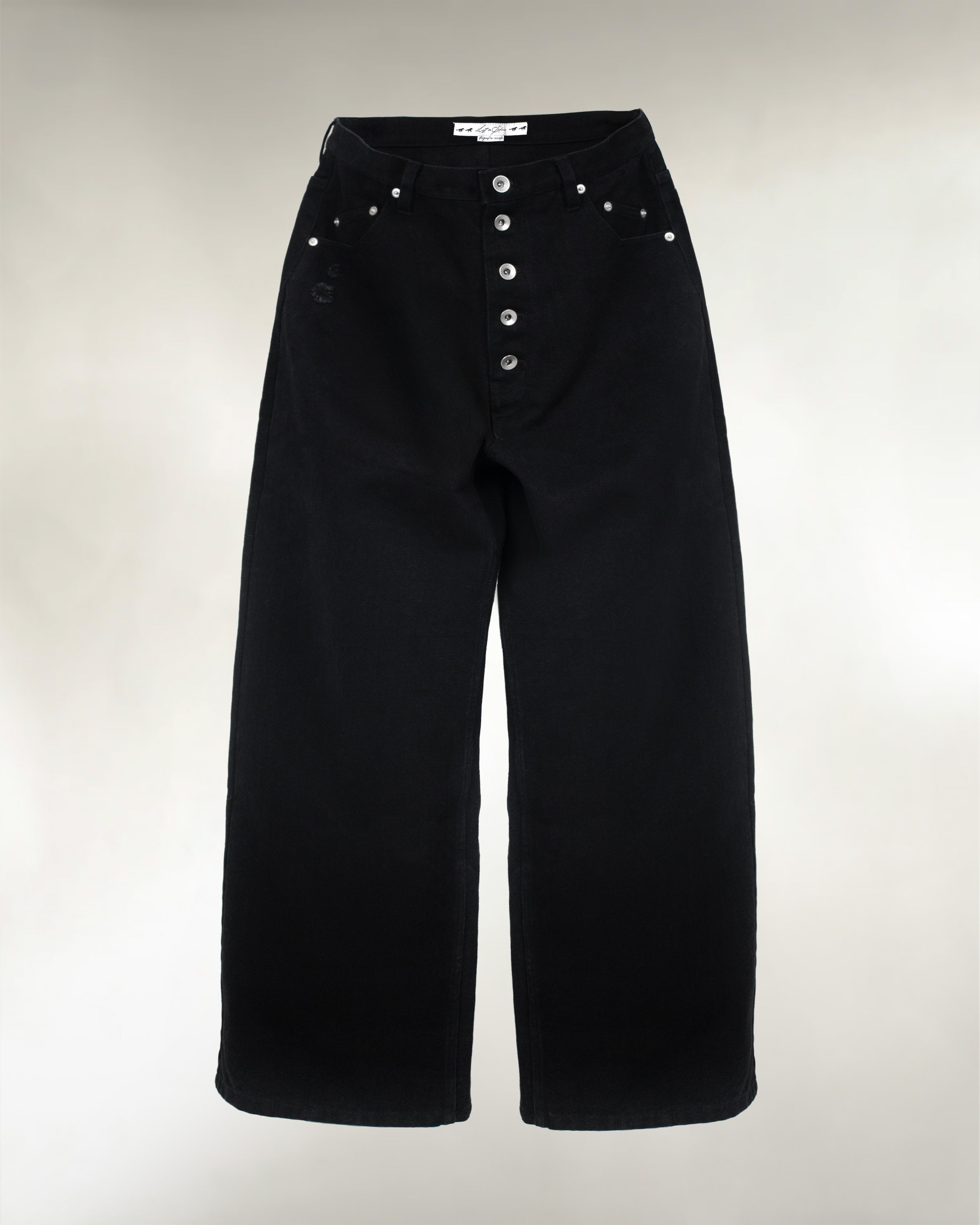 Men's black wide leg denim jeans, front view