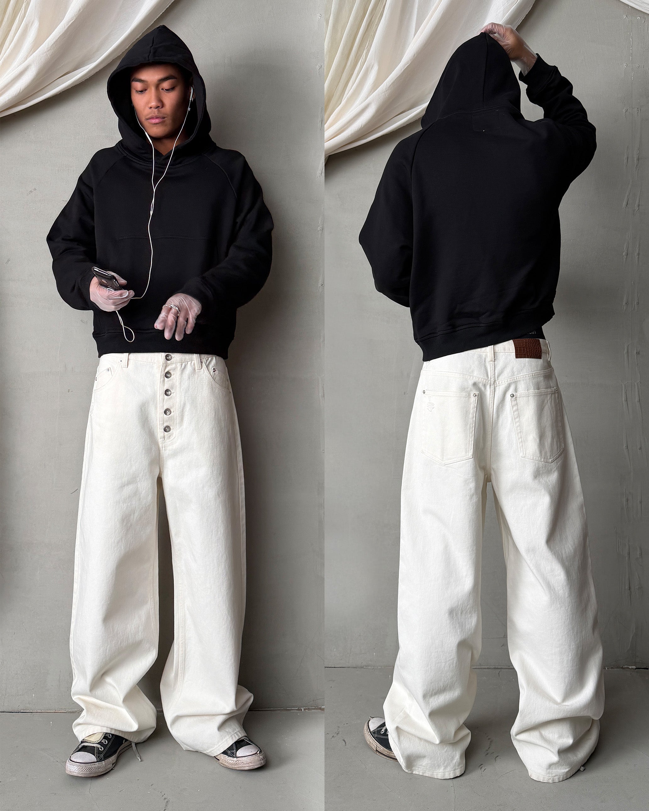Ivory wide leg denim jeans, front and back view