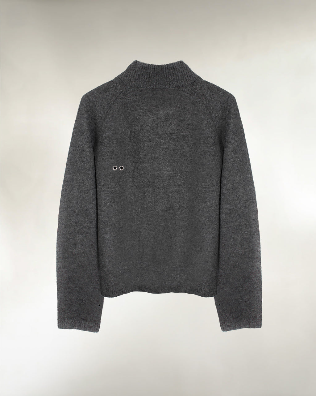 Men's grey wool blend zip-up knit sweater, back view
