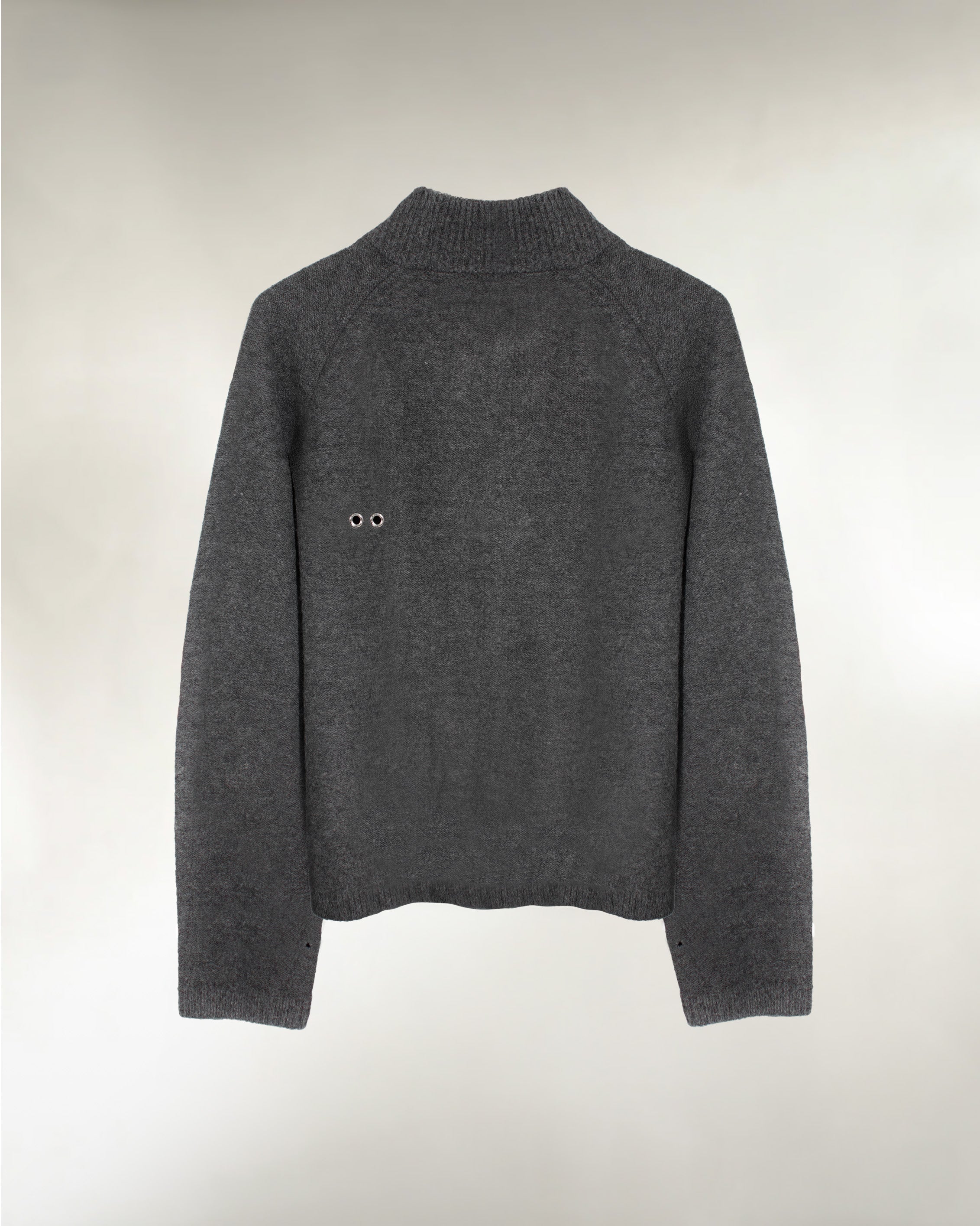 Men's grey wool blend zip-up knit sweater, back view
