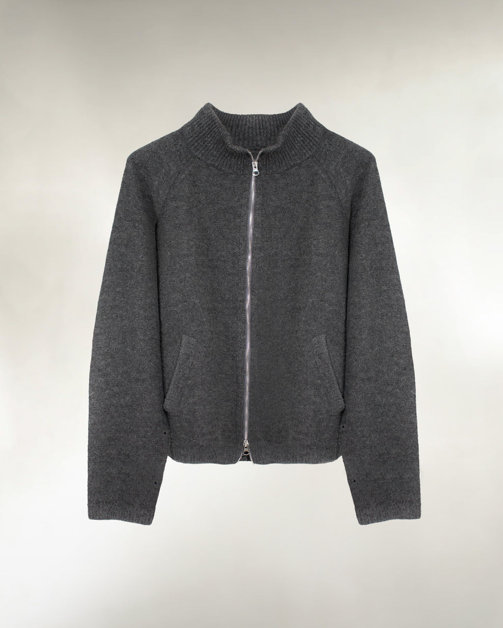 Men's grey wool blend zip-up knit sweater, front view
