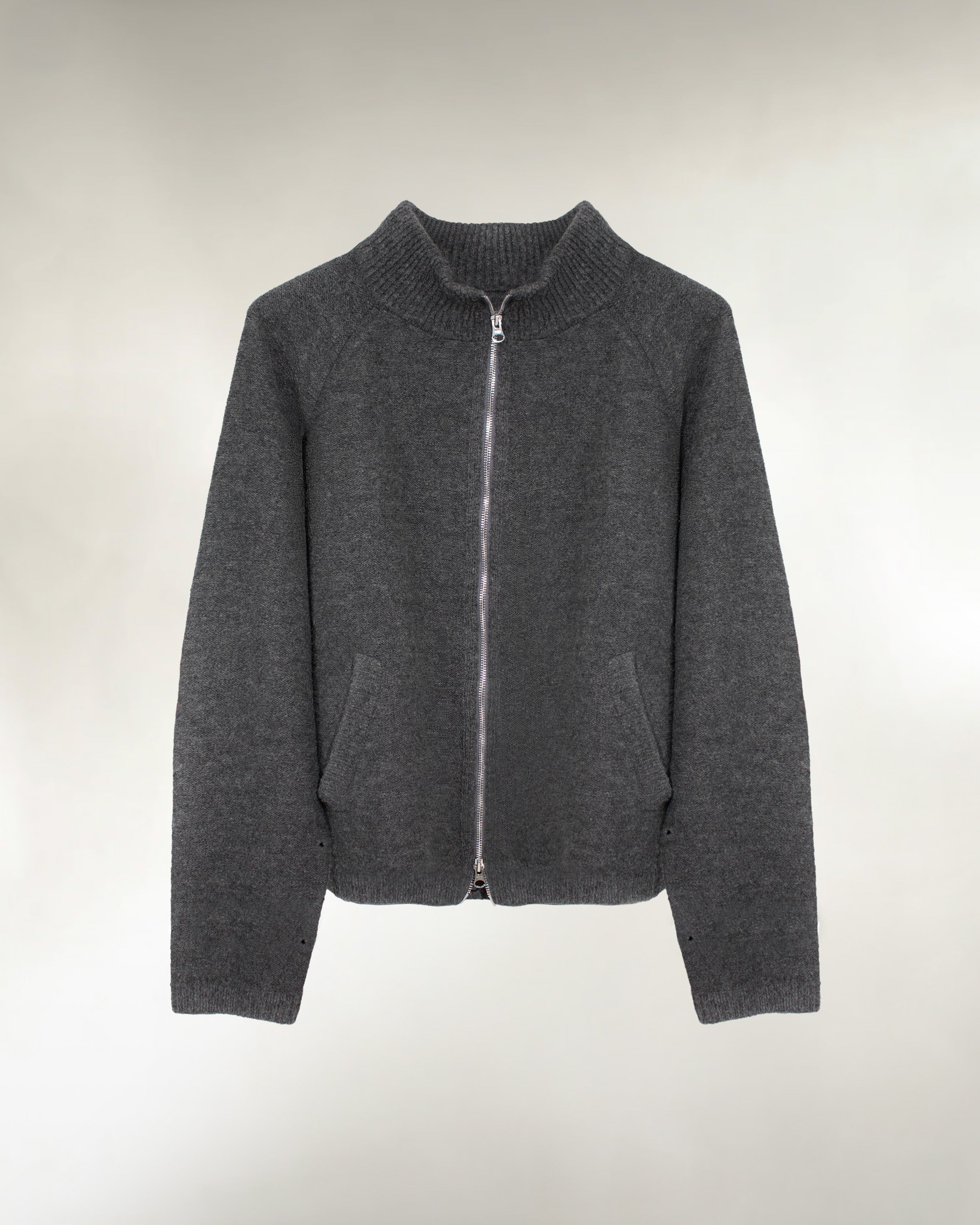 Men's grey wool blend zip-up knit sweater, front view