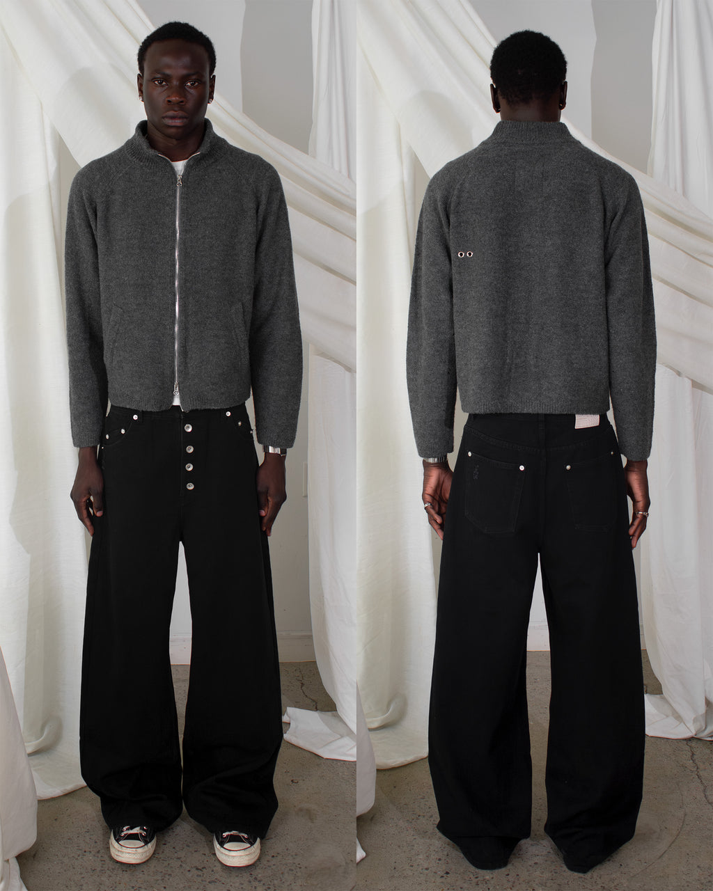 Men's grey wool blend zip-up knit sweater worn on body