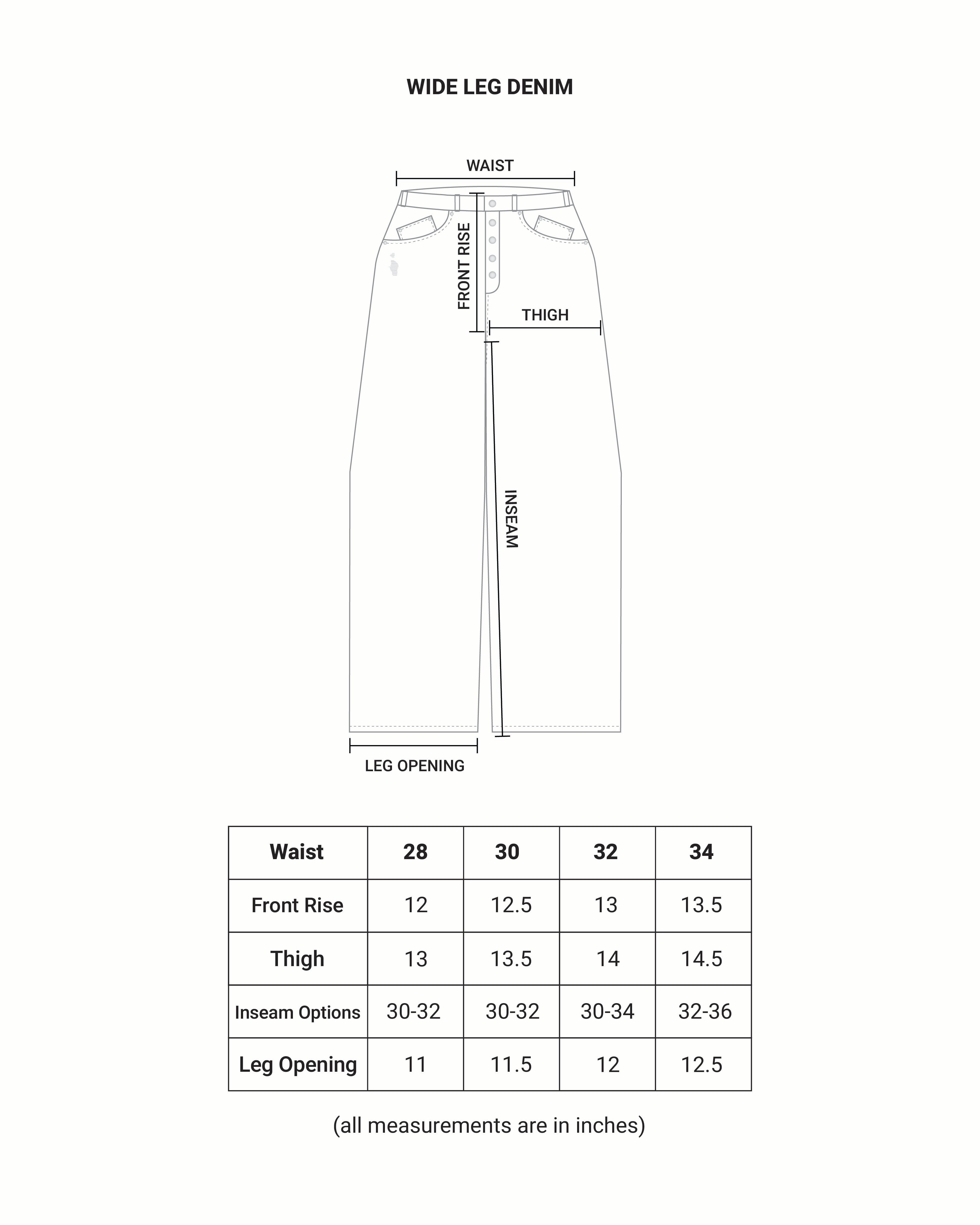 Wide leg denim jeans size chart